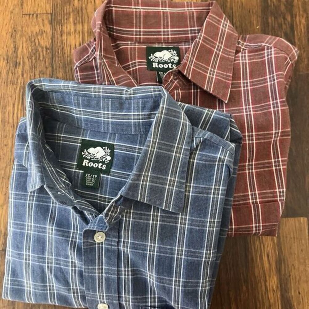 Roots Button Down Shirt Mens XS Blue Red‎ Plaid Long Sleeve 2 Pack Gorpcore